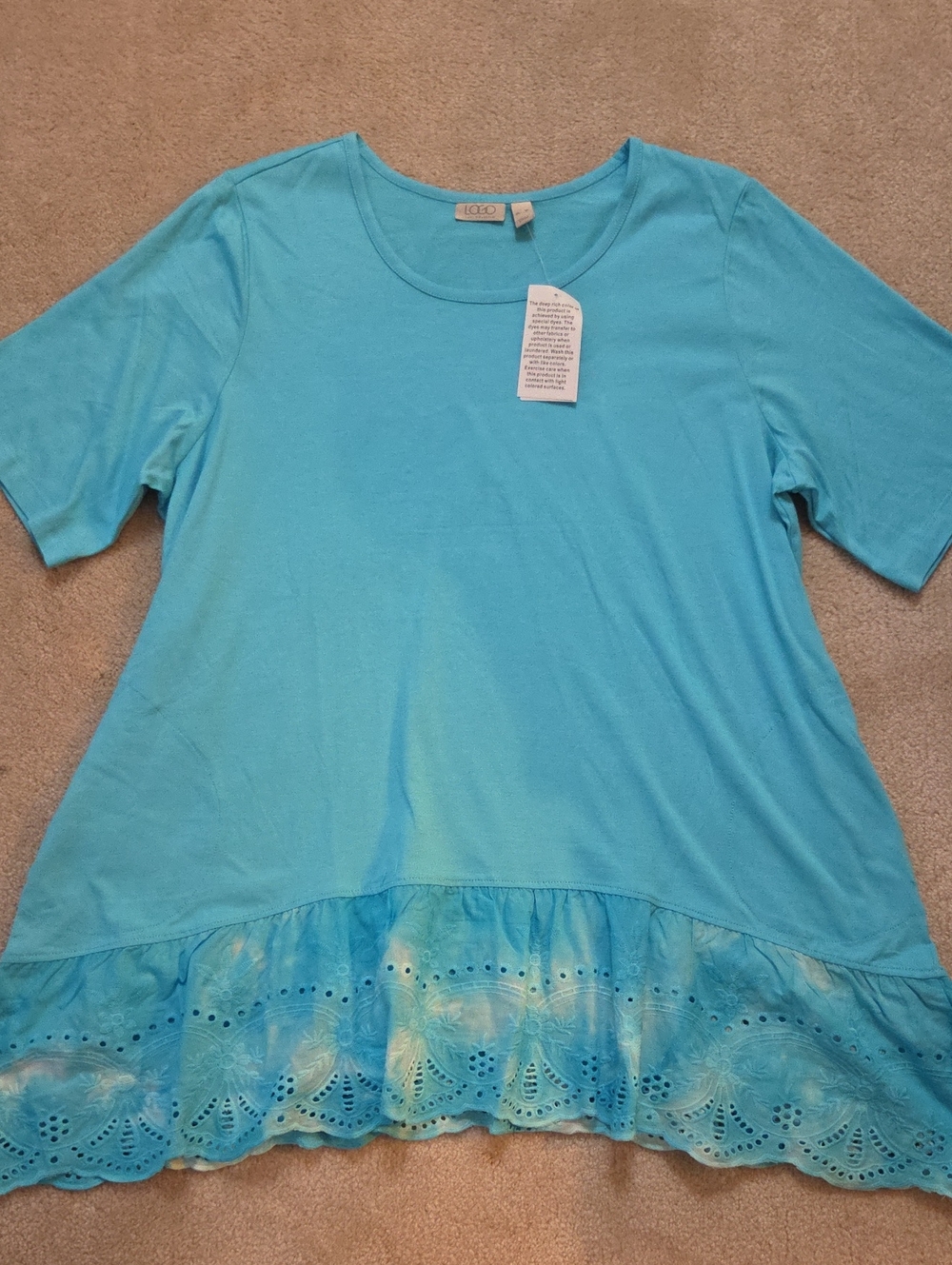 LOGO by Lori Goldstein Turquoise Scoop Neck Short Sleeve Top with Eyelet Ruffle